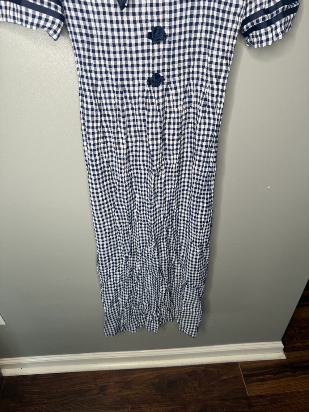 J.S. Edward Vintage 90s Navy Gingham Prairie Rosette Collar Midi Dress - Picture 5 of 12